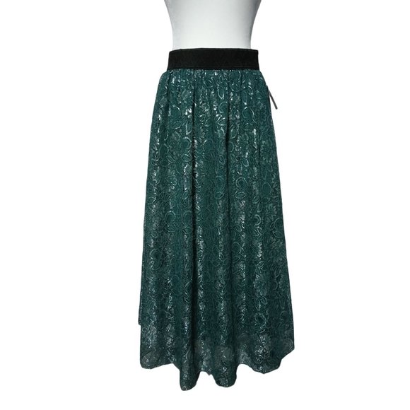 LuLaRoe Lucy Maxi Skirt Womens Size S Small Green Silver Tinsel Floral Lace NWT - Picture 1 of 9